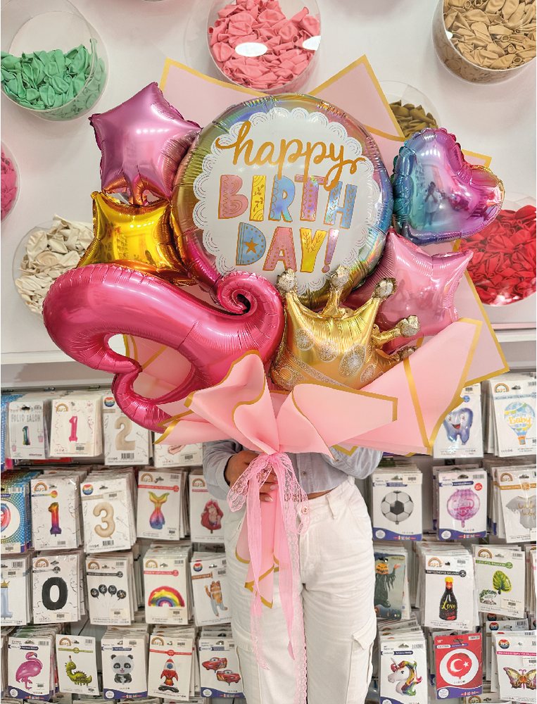 Happy Birthday Yazılı Folyo balon ve Pembe Kalpli Balon Buketi